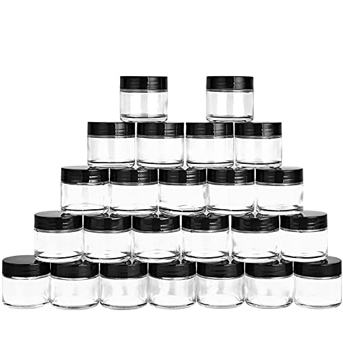 Hoa Kinh 2 ounce Glass Jars with Lids, 24 Pack Round Glass Jars, Small Clear Glass Container with Black Plastic Smooth Lids