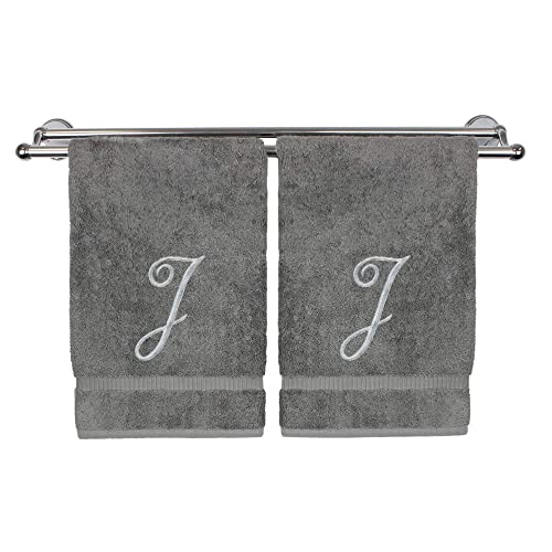 Monogrammed Hand Towel, Personalized Gift, 16 x 30 Inches - Set of 2 - Silver Embroidered Towel - Extra Absorbent 100% Turkish Cotton- Soft Terry Finish - for Bathroom, Kitchen and Spa- Script J Gray