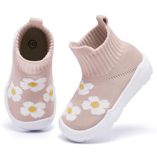 MORENDL Baby Sock Shoes Toddler Walking Shoes Infant Slippers Boys & Girls Non-Slip Sneakers Beige/Flower 9-12 Months