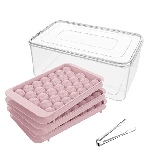 Mini Ice Ball Maker Mold for Freezer - Sphere Ice Cube Trays for Whiskey, Tea, Coffee (3-Pack Pink Trays, Ice Bin & Tongs)