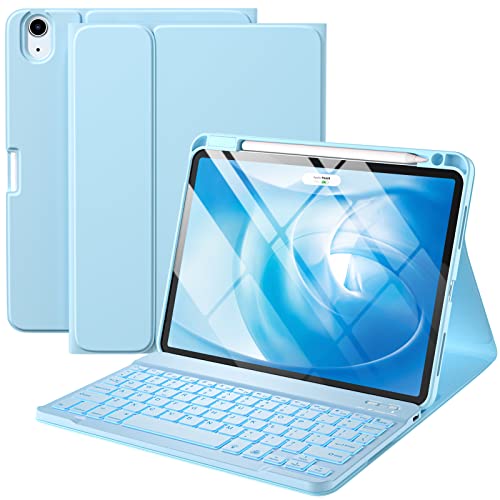 iPad Air 5th 4th Generation Case with Keyboard 10.9 Inch, Slim Folio Keyboard Cover with Pencil Holder for iPad Air 5th Gen 2022/Air 4th Gen 2020, Detachable Backlit Wireless Keyboard (Sky Blue)
