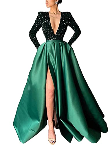 Engerla Sexy V Neck Long Sleeve Prom Dress Green A-Line Sparkle Party Formal Split Evening Dress 22W
