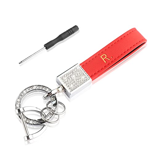 Leather Keychain Bling Keychain for Women Anti-Lost D-Ring Car Keychain Fashion Rhinestone Purse Charms for Handbags (Red)