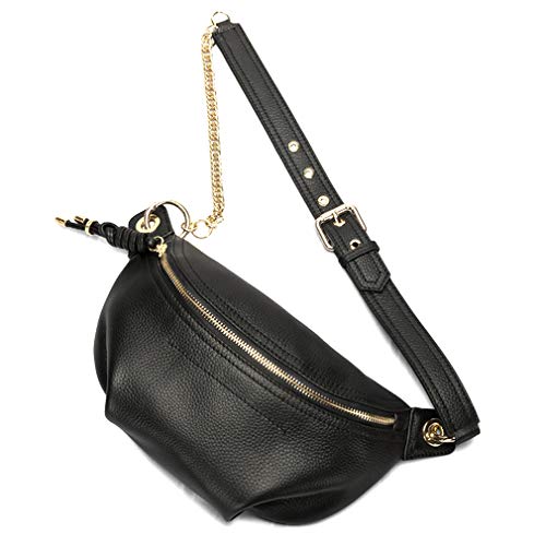 G GIRLFEEL Genuine Leather Fanny Packs Chest Bag Phone Purse with Metalic Chain for Women Mini Belt Bag Black