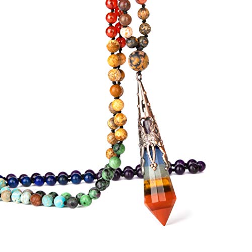 Bivei 6mm Mala Bead 108 Necklace, 12 Faceted Prism Witch Pendulum Crystal Healing Necklace with Real Stones Chakra Beads Necklaces for Meditation Anxiety Yoga(7 Chakra Crystal Mala)