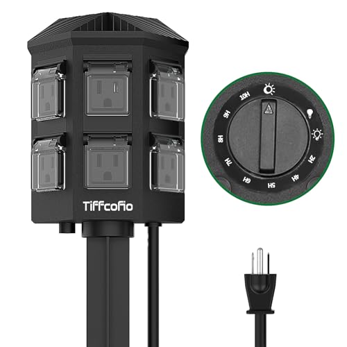 TiFFCOFiO Outdoor Power Strip Timer, Dusk to Dawn Sensor Outdoor Timer for Lights, 6 Feet Extension Cord Waterproof, 6 Grounded Outlets for Halloween and Christmas Decorations, ETL Listed