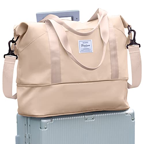 Travel Bag,Waterproof Duffel Gym Tote Bag,Weekender Carry On Overnight Bags for Women with Trolley Sleeve Wet Pocket,Travel Duffel Bags Hospital Bag,Beige