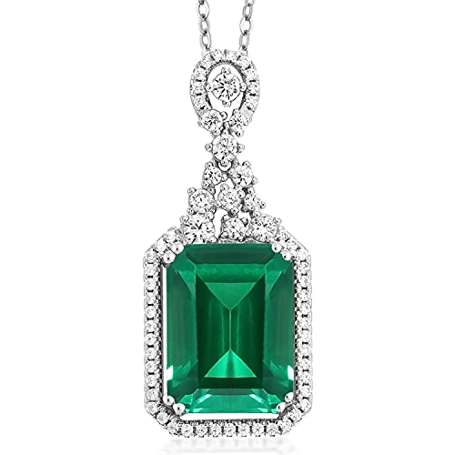 Gem Stone King 925 Sterling Silver Green Simulated Emerald Pendant Necklace For Women (7.10 Cttw, Emerald Cut 14X10MM, with 18 Inch Silver Chain)