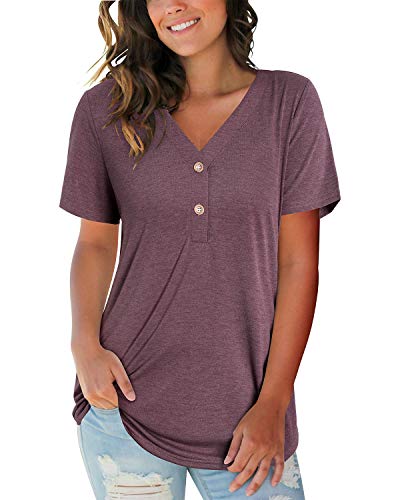 LAISHEN Womens Summer Casual V Neck Short Sleeve Shirts Basic Tops Button Dressy Loose Fit Tunic(Dark red,XXL)