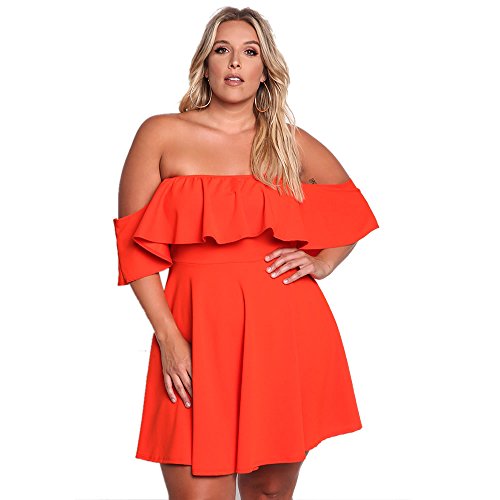 ROSIANNA Women's Off Shoulder Strapless Ruffle Mini Plus Size Swing Dresses (Orange, Large, l)