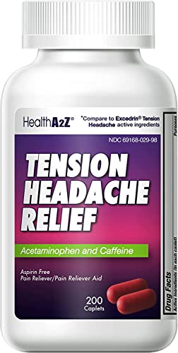 HealthA2Z Tension Headache Relief | Acetaminophen 500mg | Caffeine 65mg | Pain Reliever Aid | Aspirin Free (200 caplets (Pack of 1))