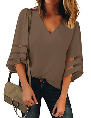 LookbookStore Women Vneck Mesh Panel Brown Work T Shirts for Women V Neck Casual 3/4 Flared Bell Sleeve Blouse Loose Business Office Blouse and Tops Size X-Large