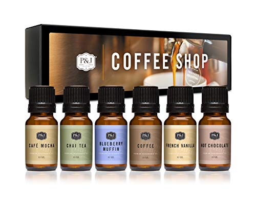 P&J Fragrance Oil Coffee Shop Set | Coffee, Café Mocha, Chai Tea, Hot Chocolate, Blueberry Muffin, French Vanilla Candle Scents for Candle Making, Freshie Scents, Soap Making Supplies