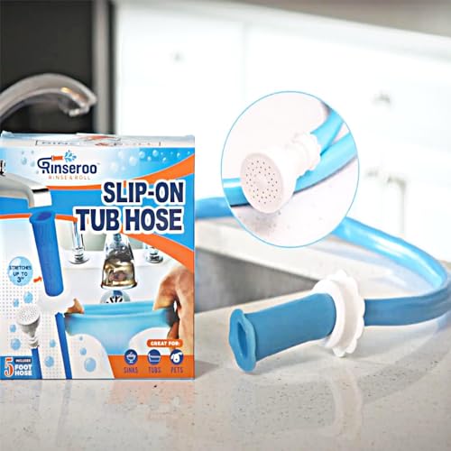 Rinseroo Tub Faucet Hose and Sprayer, Slip-On Bathtub Shower Attachment. 5 Foot Hose Fits Spouts up to 3” Wide for Washing Hair, Baby, & Dogs. Pet Hose Sprayer for Bathroom Tub Faucet