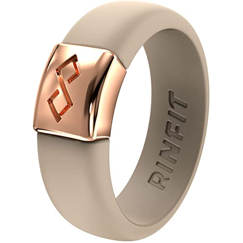 Rinfit Silicone Rings for Women - Silicone Wedding Bands Women - Infinity Ring with Metal Plate - Rubber Rings Women - MetalInfinity Collection - Nude & Rose Gold - Size 8
