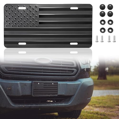 RED WOLF Car License Plate Bracket Frame American Flag Decorative Aluminum 3D Metal Embossed USA Flag Patriotic License Plate Cover Holder 6 x 12 Inch, Heavy Duty Black w/Installation Accessories