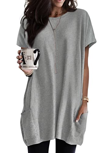 Dokotoo Womens Casual Crewneck Summer T-Shirt, Loose Fit Short Sleeve Long Tunic Top, XL, Grey