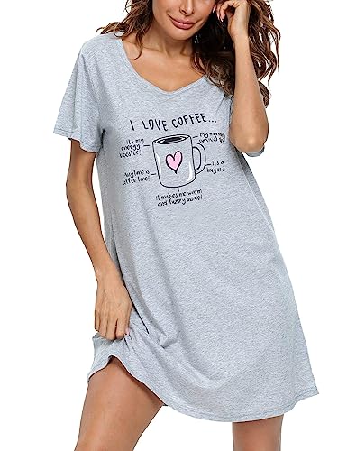 ENJOYNIGHT Womens Cotton Nightgown Short Sleeves Sleepshirt Print Nightshirt (Grey Cup, Small-Medium)