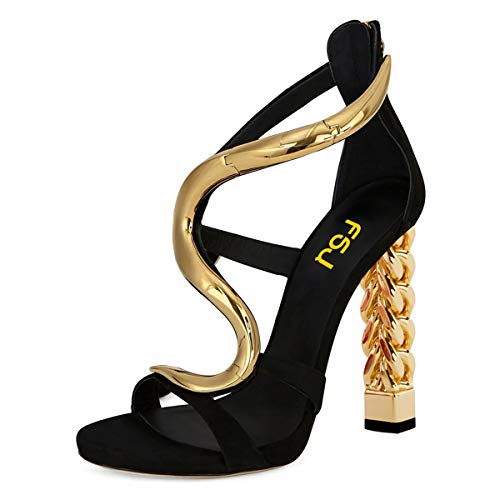 FSJ Women Flower Gold Metal Chain Chunky High Heels Ankle Strap Sandals Open Toe Fashion Shoe Size 8 Gold S