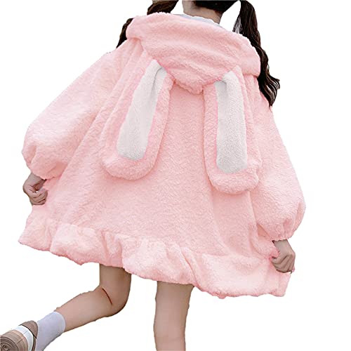 BZB Kawaii Anime Bunny Ear Hoodies For Women Sweet Lovely Fuzzy Fluffy Rabbit Sweater Tops Cosplay Jacket Coats Pink