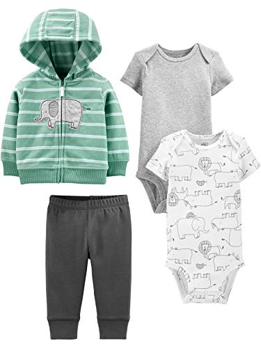 Simple Joys by Carter's Baby Boys' 4-Piece Jacket, Pant, and Bodysuit Set, Dark Grey/Grey/Mint Green Elephant/White Forest Animals, 18 Months