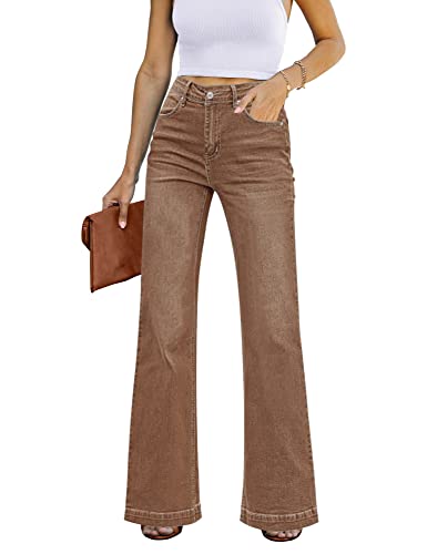 GRAPENT Women's High Waisted Wide Leg Pants, High Waisted Jeans, Stretch Bootcut 70s Clothes, Baggy Jeans, Size 10 Color Pecan Brown Size 8 Size 10
