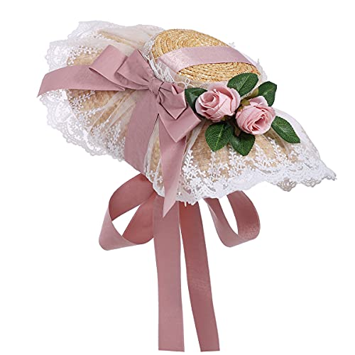 COSDREAMER Girls Women Victorian Tea Party Sun Hat Bows Flowers Ribbons Straw Hats (White pink)
