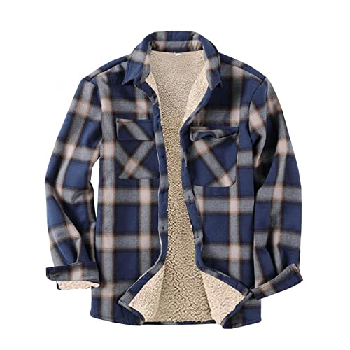WUAI-Men Casual Sherpa Fleece Lined Plaid Flannel Shirts Jackets Heavyweight Thermal Button Up Winter Work Coat Outwear(Navy,Large)