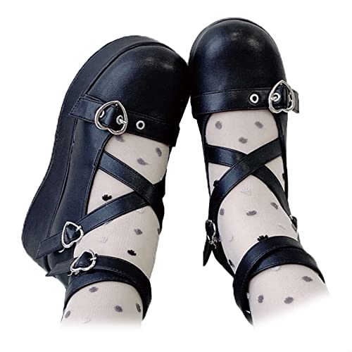Women's Mary Jane Shoes Cute Lolita Pumps Ankle Kawaii Goth Shoes Platform Dress Oxfords for Women Black Size 7.5