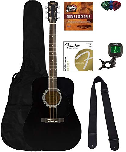 Fender Squier Dreadnought Acoustic Guitar - Black Bundle with Gig Bag, Tuner, Strap, Strings, Picks, Fender Play Online Lessons, and Austin Bazaar Instructional DVD