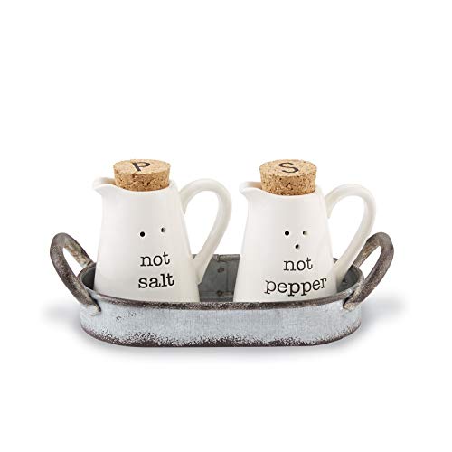 Mud Pie Farmhouse Inspired Ceramic Aluminum Salt and Pepper Caddy Set, One size, White