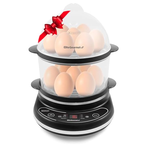 Elite Gourmet EGC314CB Digital Easy Egg Cooker Food Steamer, Poacher, Omelet, Soft, Medium, Hard-Boiled Egg with 6 Programmed Preset Functions, 2-Tiers, Measuring Cup, BPA Free, 14 egg capacity, Black