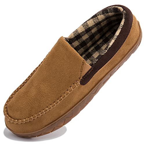 NewDenBer Men's Cozy Memory Foam Moccasin Slippers Warm Soft Flannel Lined Slip on Indoor Outdoor House Shoes (9 D(M) US, Tan)