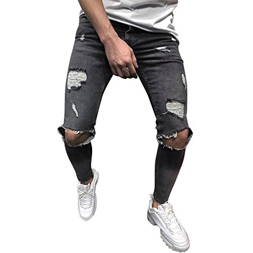 Men's Jeans Denim Pants Slim Distressed Trousers Fit Jeans Pants Denim Freyed Mens Ripped Stretch Men's Pants (Grey, XL) Polo Pajama Pants for Men G G