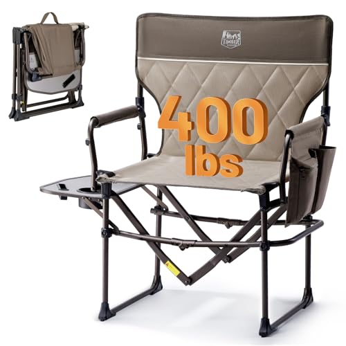 TIMBER RIDGE Heavy Duty Camping Chair with Compact Size, Portable Directors Chair with Side Table and Pocket for Camping, Lawn, Sports and Fishing, Supports Up to 400lbs,Tan