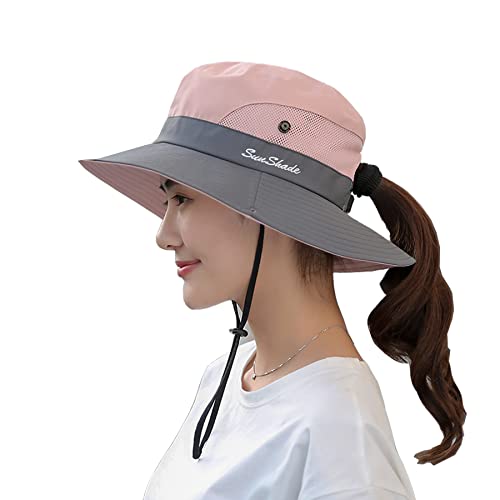 NPQQUAN Ponytail Sun Bucket Hat for Women Men Wide Brim UPF 50+ Fishing & Beach Hats Pink/Grey