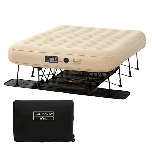 Simpli Comfy Queen EZ Bed Self-Inflating Air Mattress with Built-in Frame, Pump and Wheeled Case, Blow Up Inflatable Rolling Air Bed on Wheels