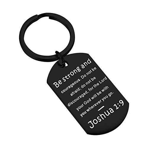 QIIER Christian Keychain Be Strong and Courageous Joshua 1:9 Bible Verse Dog Tag Pendant Keychain Religious Jewelry Inspirational Gifts (Black)