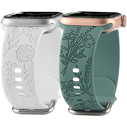 Flower Engraved Silicone Band Compatible with Apple Watch Bands 38mm 40mm 41mm, Cute Women Wildflowers Floral Design Soft Sport Strap Replacement Wristbands for iWatch Series 8 7/SE/6/5/4/3/2/1