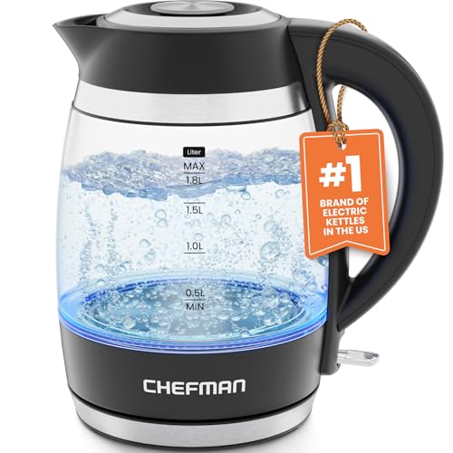 Chefman Electric Kettle, 1.8L 1500W, Hot Water Boiler, Removable Lid for Easy Cleaning, Auto Shut Off, Boil-Dry Protection, Stainless Steel Filter, BPA Free, Borosilicate Glass Electric Tea Kettle