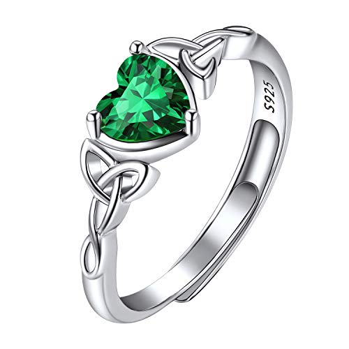 May Birthstone Ring Sterling Silver Adjustable Celtic Knot Heart Ring Birthstone Jewelry Emerald Rings for Women Girls