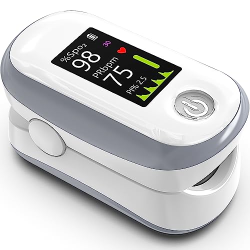 Alecaremed Pulse Oximeter, 4 Color OLED Highlight Oxygen Monitor Fingertip with 20 × Memory, Blood Oxygen Saturation Monitor (SpO2), Brightness & Sound Adjustable, Batteries & Lanyard (White)