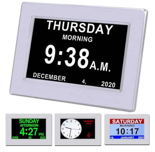 AINFTIME Clock with Day and Date for Elderly-3 Colors Display Digital Calendar Alarm Clock Dementia Alzheimers Clock with Extra Large Display (7in White)