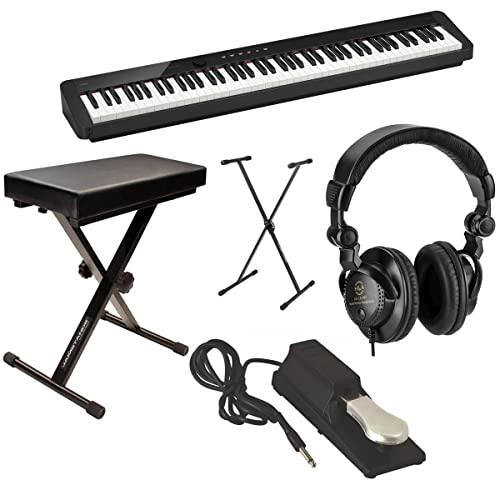 Casio PX-S1100 Privia 88-Key Slim Stage Portable Digital Piano with Bluetooth Adapter, Black Bundle with Studio Headphones, Keyboard Stand, Bench, Sustain Pedal