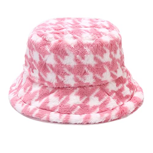 Umeepar Winter Faux Fur Bucket Hat Fluffy Warm Hat for Women Men (Houndstooth Pink)