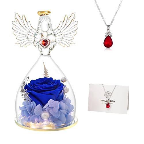 Lafloraita Mothers Day Rose Gifts for Women Mom Grandma Wife,Glass Angel Figurines with LED Light,Preserved Flowers Dark Blue Real Rose Necklace