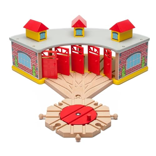 maxim enterprise, inc. Wooden Train Round House Combo with Rotating Turntable, Train Shed to House 5 Engines or Cars, Rotating Turntable Switching Track Compatible with Major Brand Railway Sets
