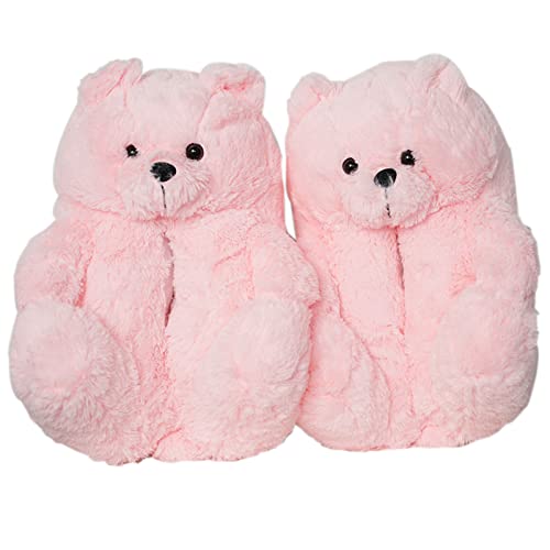 DOVORSY Pink Teddy Bears Slippers,Fuzzy Cute Animal Bear Slippers For Women,Christmas Slippers,Fluffy Slides Cartoon House Slippers Bear Shoes For Teen Girls Holiday Birthday Gifts