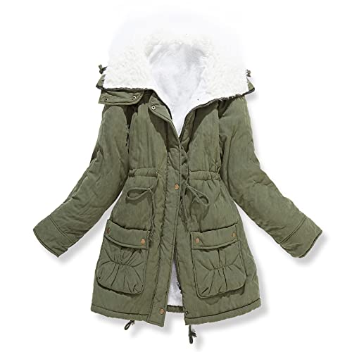 MEWOW Women's Winter Mid Length Thick Warm Faux Lamb Wool Lined Jacket Coat (M, ArmyGreen)