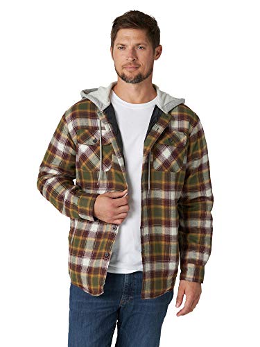 Wrangler Authentics Men's Long Sleeve Quilted Lined Flannel Shirt Jacket with Hood, Olive Night, X-Large